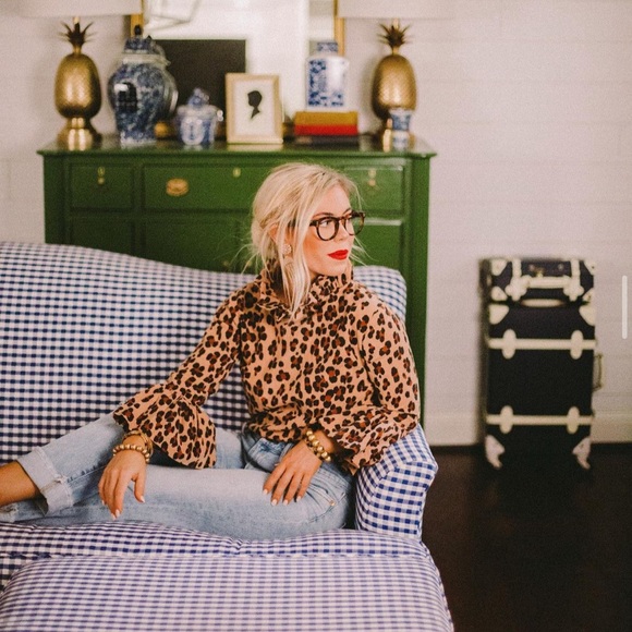 Elizabeth Wilson Top Leopard Print Corduroy High Ruffle Neckline Flare Sleeve - Picture 2 of 4